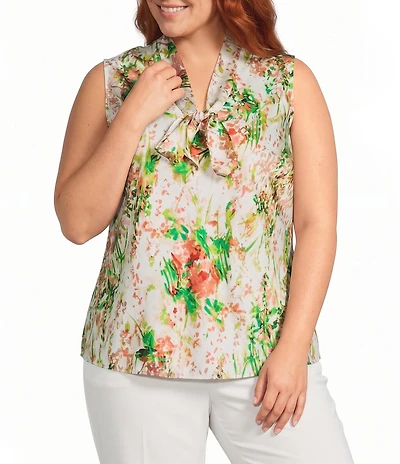 Kasper Plus Sleeveless Printed Tie Neck Satin Blouse