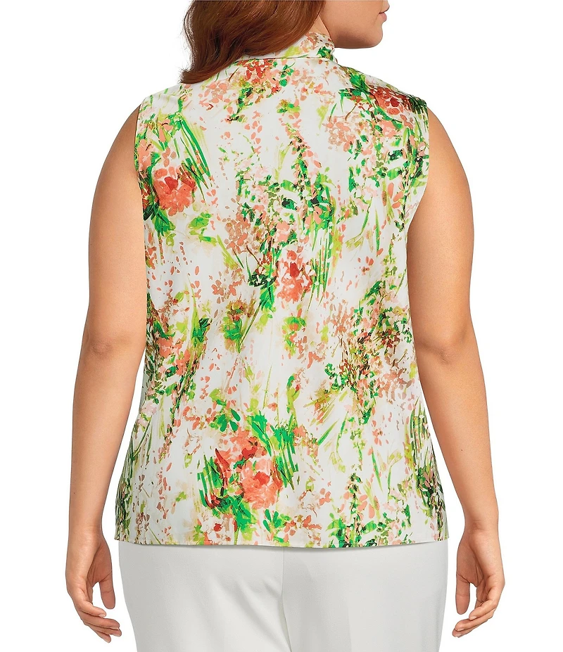 Kasper Plus Sleeveless Printed Tie Neck Satin Blouse