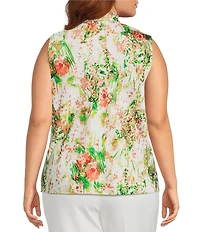 Kasper Plus Sleeveless Printed Tie Neck Satin Blouse