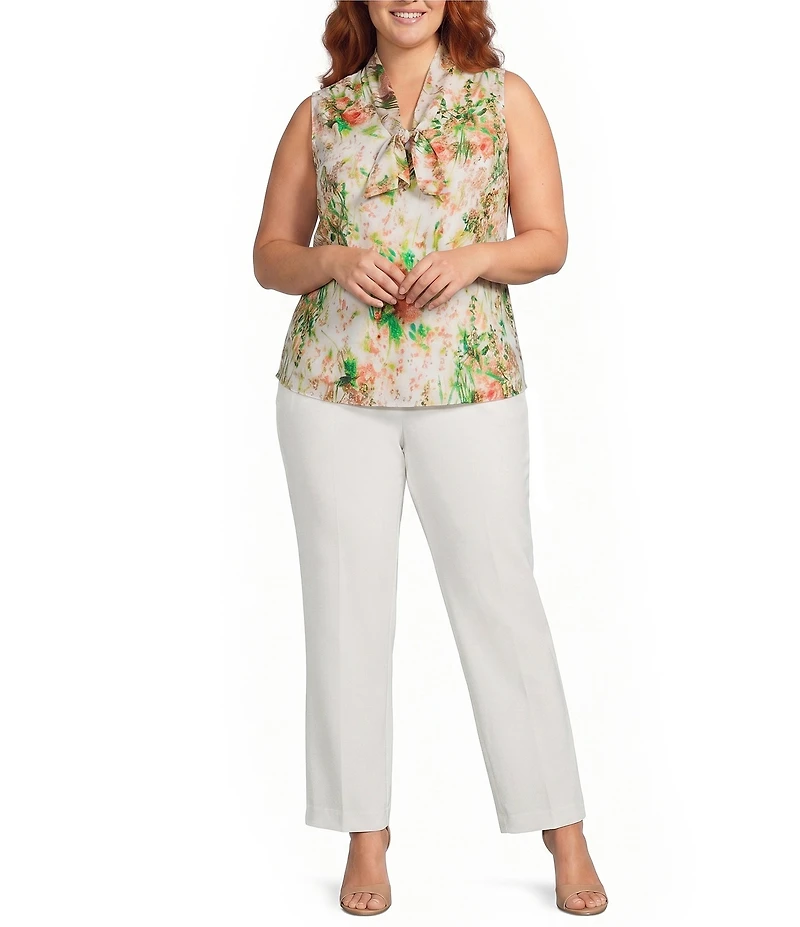 Kasper Plus Size Sleeveless Printed Tie Neck Satin Blouse
