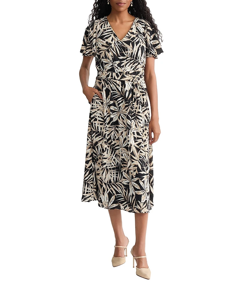 Kasper Printed A Line Short Sleeve Midi Dress