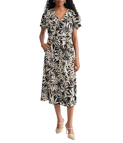 Kasper Printed A Line Short Sleeve Midi Dress