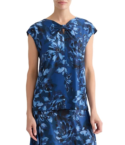 Kasper Printed Cap Sleeve Blouse With Bow Neck