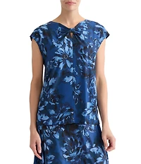 Kasper Printed Cap Sleeve Blouse With Bow Neck