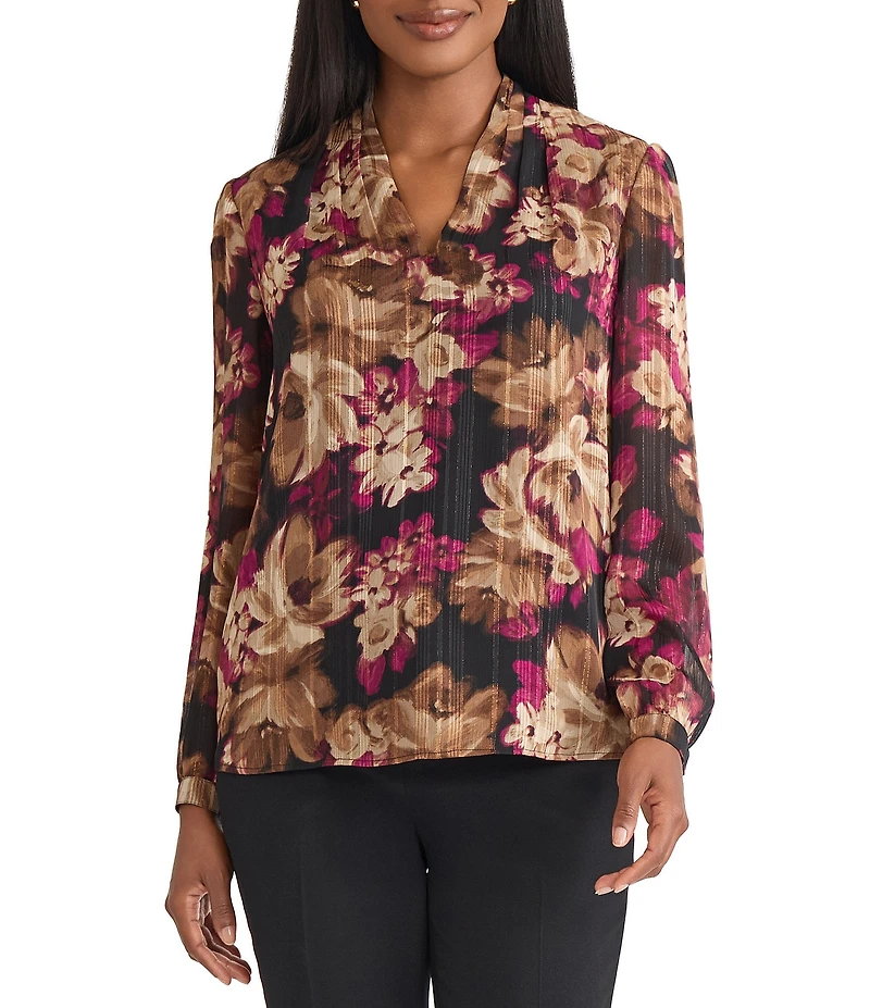 Kasper Printed Chiffon V Neck Long Sleeve Pleated Shoulder Blouse
