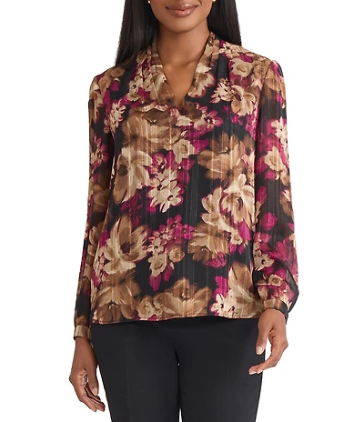 Kasper Printed Chiffon V Neck Long Sleeve Pleated Shoulder Blouse