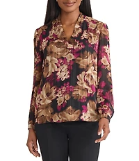 Kasper Printed Chiffon V Neck Long Sleeve Pleated Shoulder Blouse