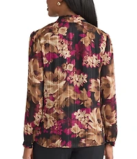 Kasper Printed Chiffon V Neck Long Sleeve Pleated Shoulder Blouse