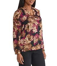 Kasper Printed Chiffon V Neck Long Sleeve Pleated Shoulder Blouse