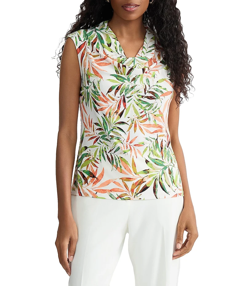 Kasper Printed Cowl Neck Cap Sleeev Knit Blouse