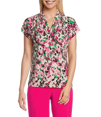 Kasper Printed Extended Cap Sleeve Funnel Neck Stretch Blouse