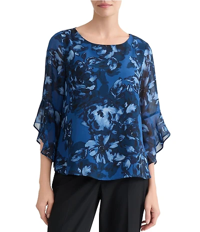 Kasper Printed Hammered Satin 3/4 Sleeve Blouse