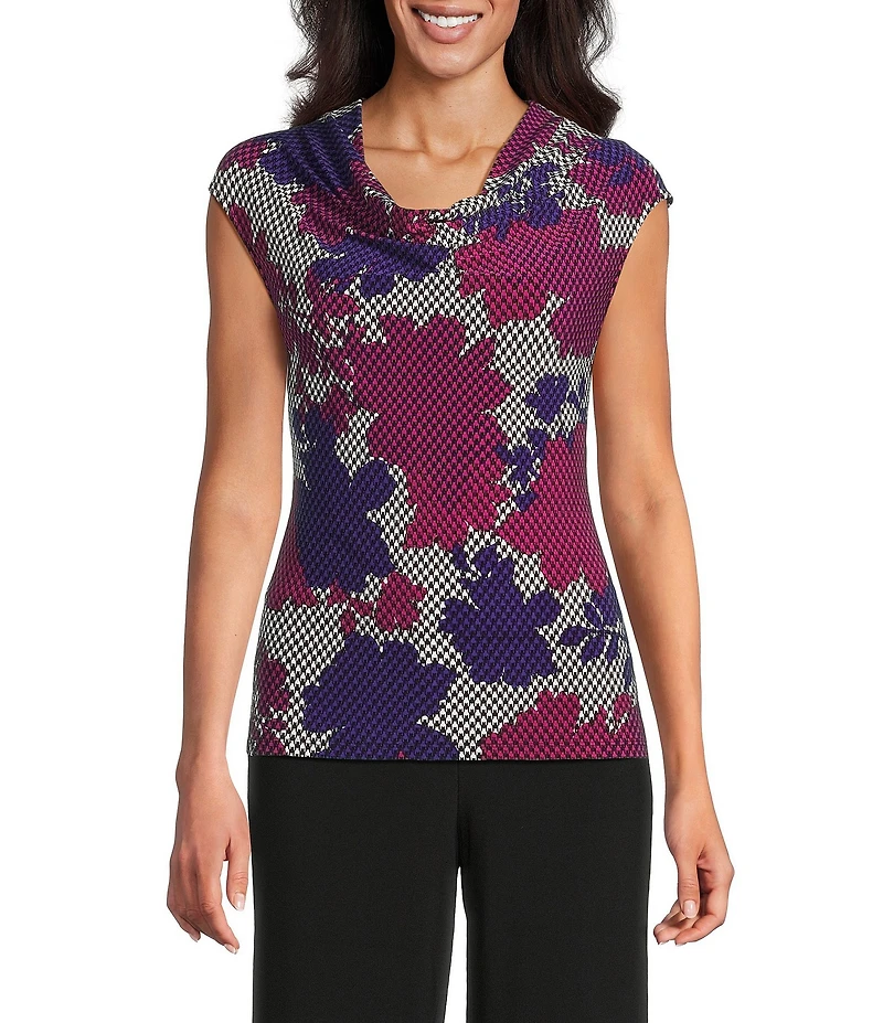 Kasper Printed ITY Cowl Neck Cap Sleeves Blouse