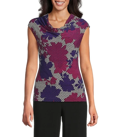 Kasper Printed ITY Cowl Neck Cap Sleeves Blouse
