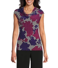 Kasper Printed ITY Cowl Neck Cap Sleeves Blouse