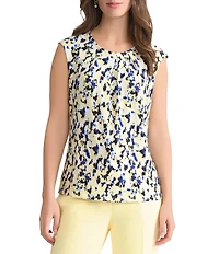 Kasper Printed Jersey Knit Cap Sleeve Crew Neck Blouse