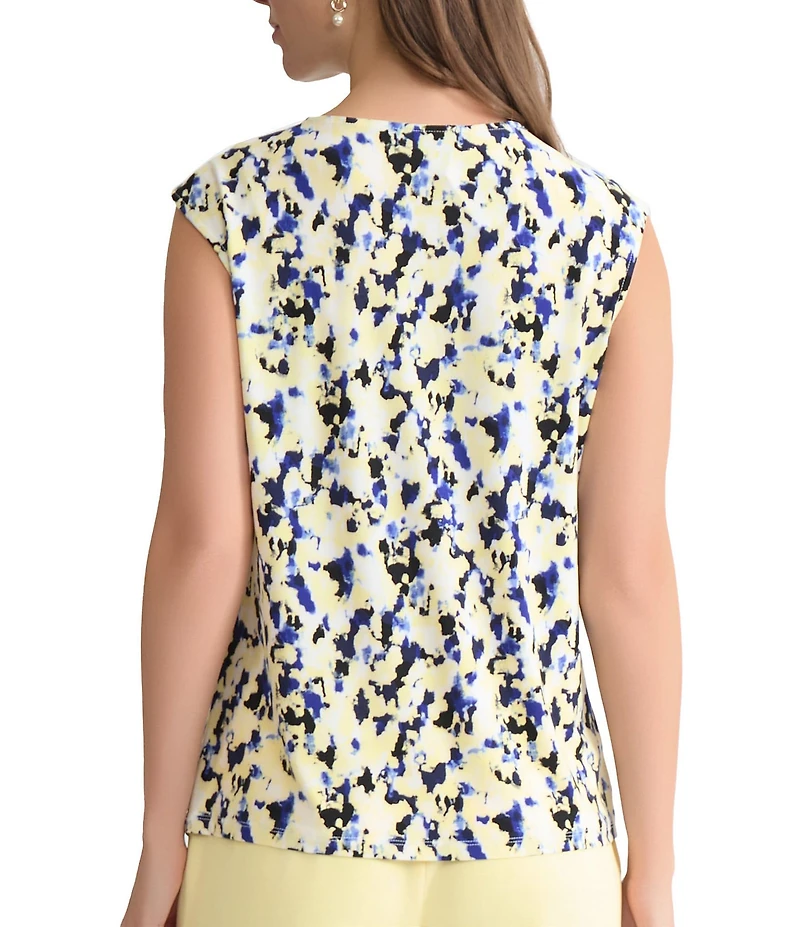 Kasper Printed Jersey Knit Cap Sleeve Crew Neck Blouse