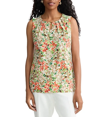 Kasper Printed Jersey Knit Pleated Neck Tank Blouse