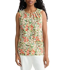 Kasper Printed Jersey Knit Pleated Neck Tank Blouse