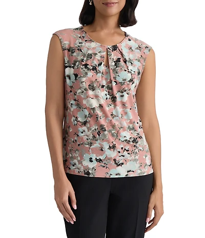 Kasper Printed Keyhole Neck Blouse
