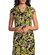 Kasper Printed Knit Jersey Cowl Neck Cap Sleeve Top