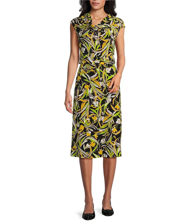 Kasper Printed Knit Jersey Cowl Neck Cap Sleeve Top
