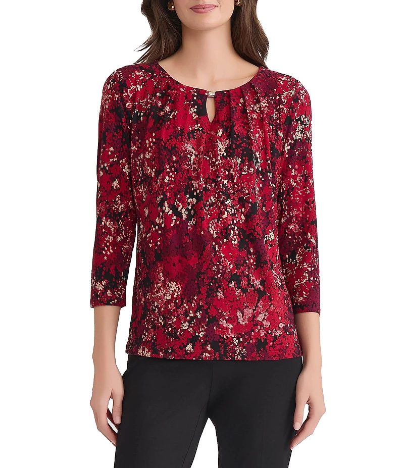 Kasper Printed Knit Scoop Keyhole Neckline 3/4 Sleeve Blouse