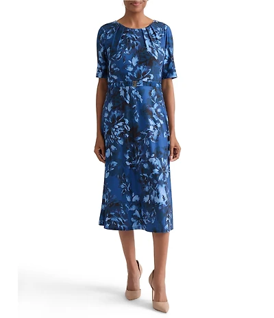 Kasper Printed Pleated Neck Midi Dress