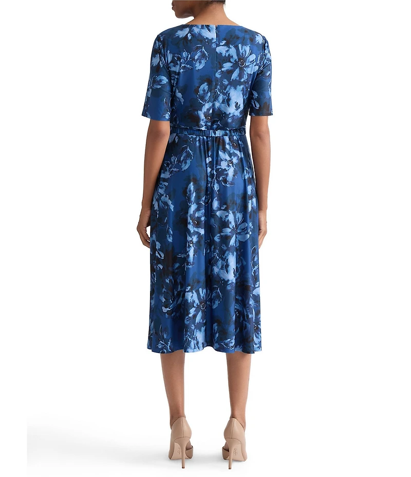 Kasper Printed Pleated Neck Midi Dress