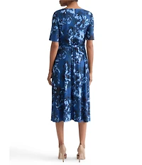 Kasper Printed Pleated Neck Midi Dress