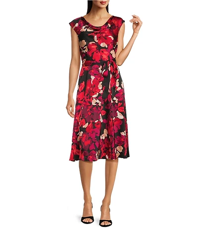 Kasper Printed Satin Cowl Neck Seamed Flare Dress