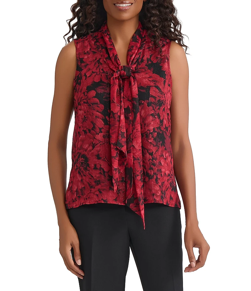 Kasper Printed Sleeveless Neck Tie Blouse