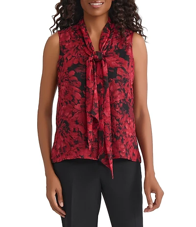 Kasper Printed Sleeveless Neck Tie Blouse