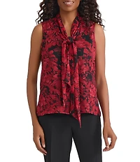 Kasper Printed Sleeveless Neck Tie Blouse