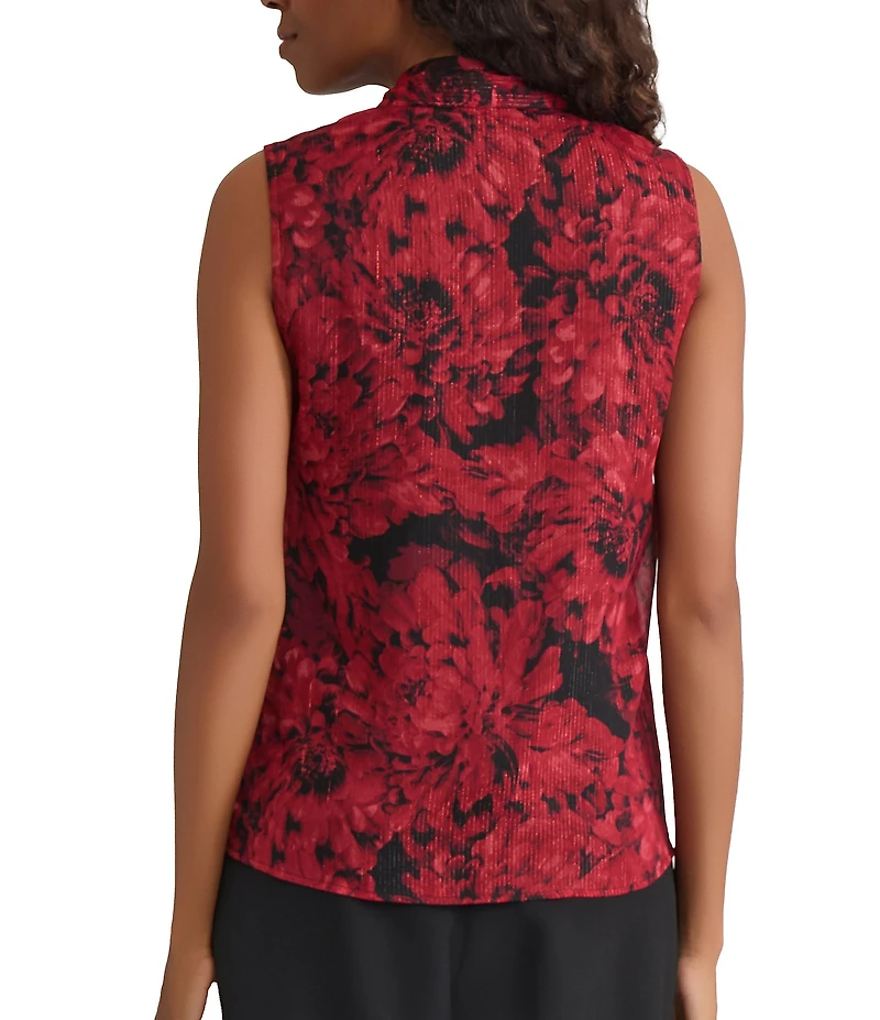 Kasper Printed Sleeveless Neck Tie Blouse