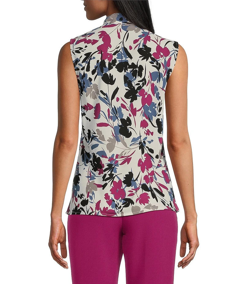 Kasper Printed V-Neck Sleeveless Tie Front Blouse