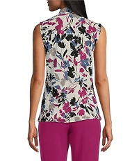 Kasper Printed V-Neck Sleeveless Tie Front Blouse