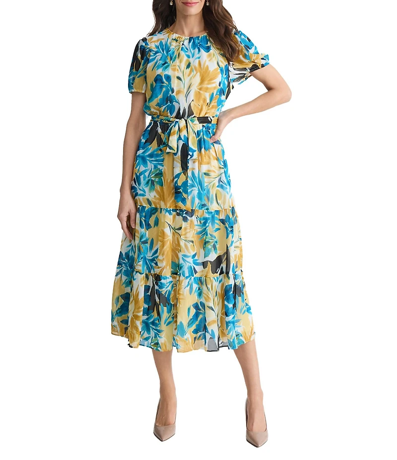 Kasper Puff Sleeve Tier Midi Printed Dress