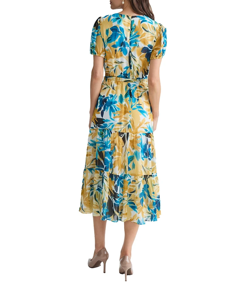 Kasper Puff Sleeve Tier Midi Printed Dress