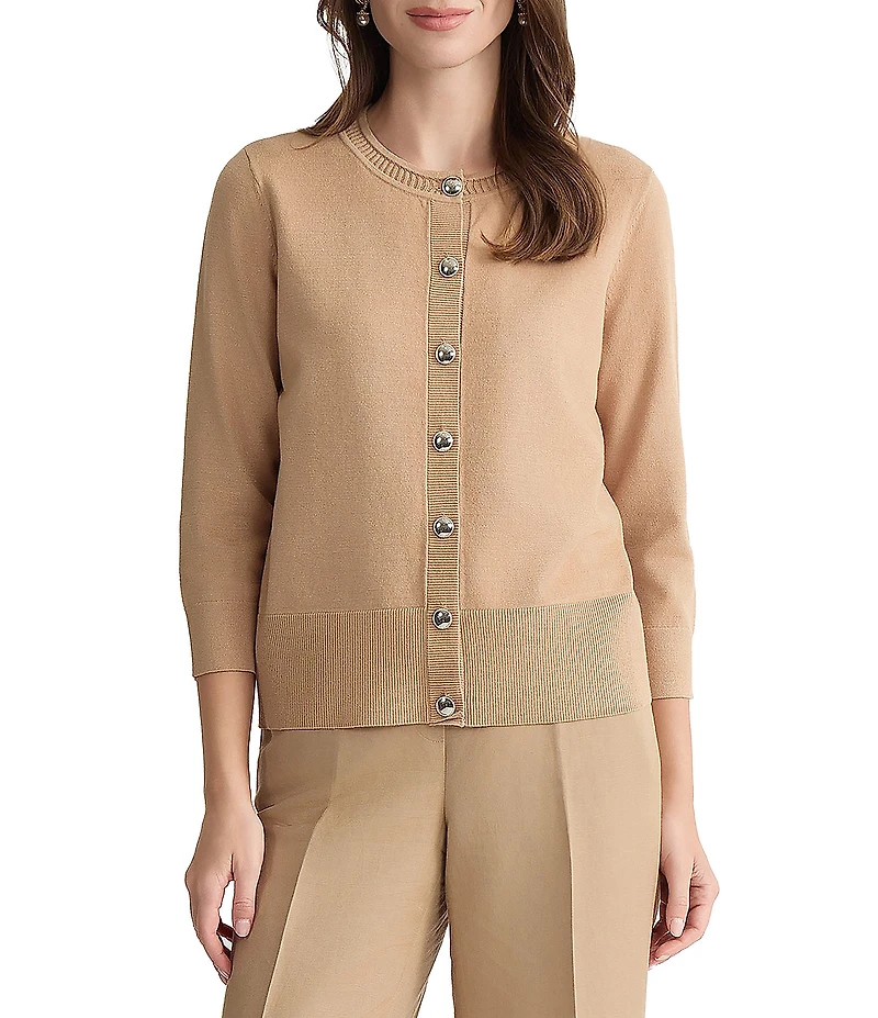 Kasper Rib Knit Crew Neck 3/4 Sleeve Cardigan