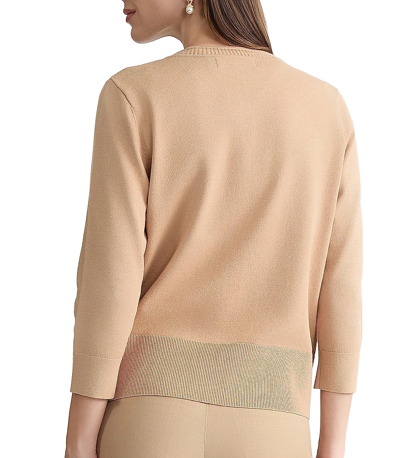 Kasper Rib Knit Crew Neck 3/4 Sleeve Cardigan