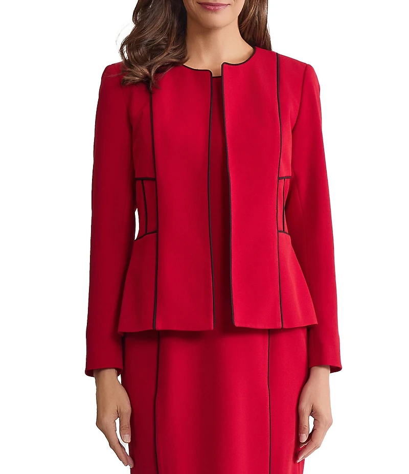 Kasper Round Neck Open Front Corded Contrast Piping Cardigan Blazer