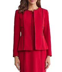 Kasper Round Neck Open Front Corded Contrast Piping Cardigan Blazer