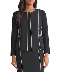 Kasper Round Neck Open Front Corded Contrast Piping Cardigan Blazer