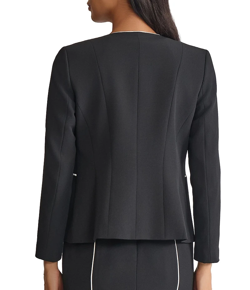 Kasper Round Neck Open Front Corded Contrast Piping Cardigan Blazer