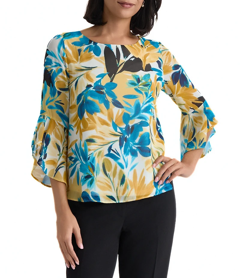 Kasper Ruffle 3/4 Sleeve Printed Blouse