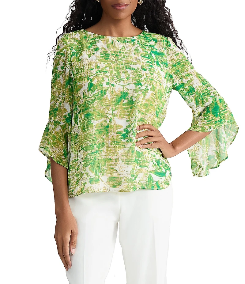 Kasper Ruffle 3/4 Sleeve Printed Blouse