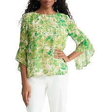 Kasper Ruffle 3/4 Sleeve Printed Blouse
