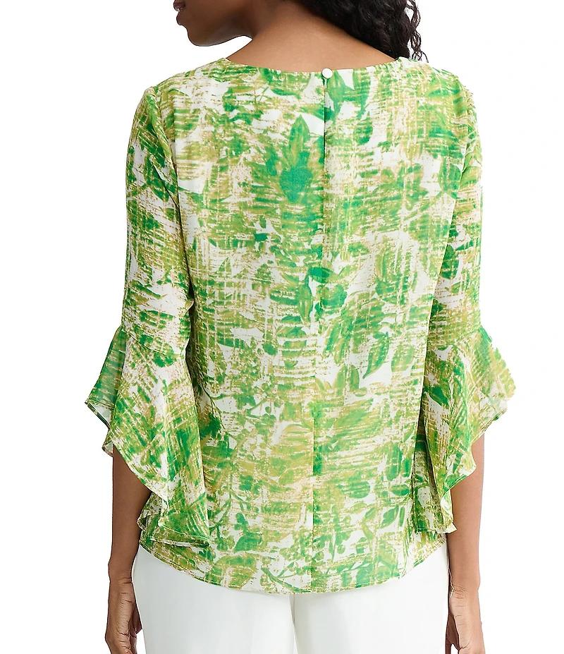 Kasper Ruffle 3/4 Sleeve Printed Blouse