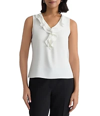 Kasper Ruffle Front V Neck Blouse